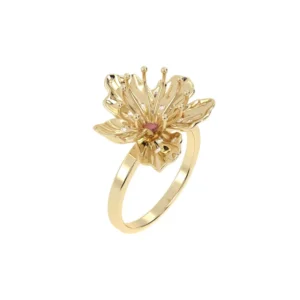 ANEL FLOR DE CEREJEIRA COM RUBI OURO AMARELO