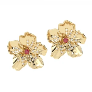 BRINCO FLOR DE CEREJEIRA COM RUBI OURO AMARELO