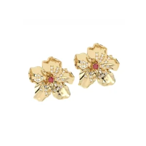 BRINCO FLOR DE CEREJEIRA COM RUBI OURO AMARELO